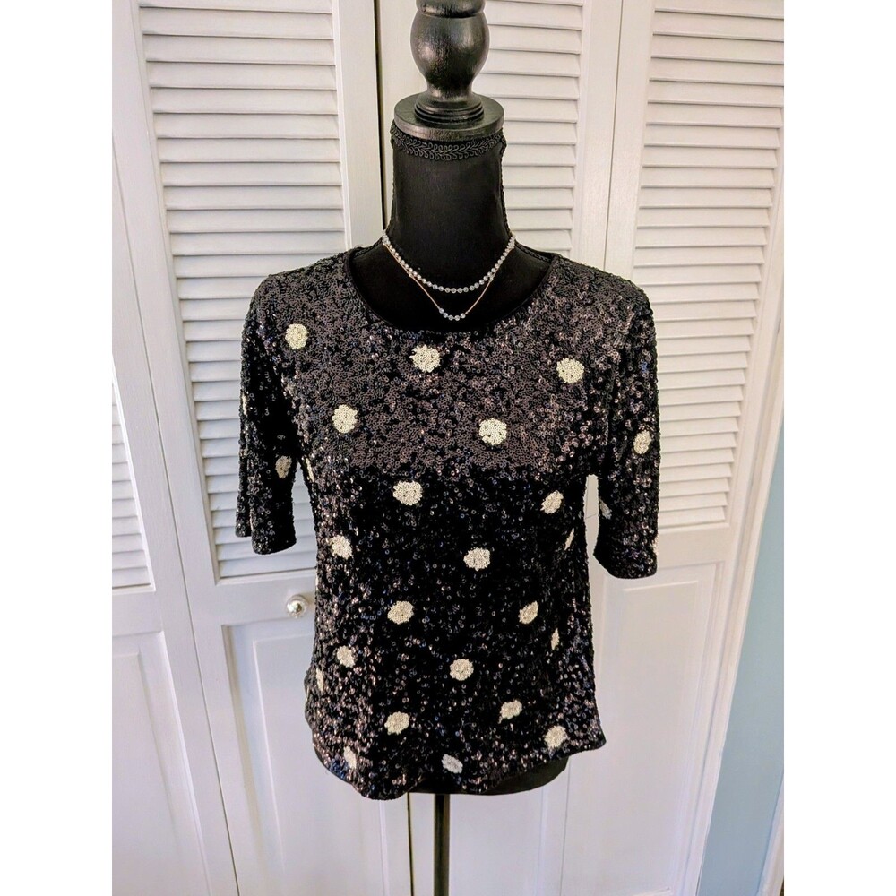 J. Crew Factory Black Sequin Blouse with White Floral Accents